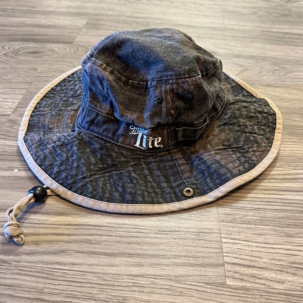 Miller Lite Camo Boonie Hat Wide Brim Fishing Sun Cap Adjustable Chin Strap Logo